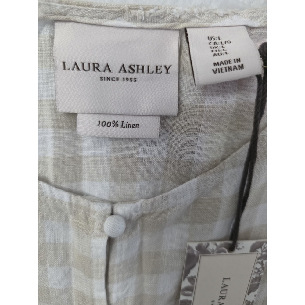 Laura Ashley NWT Women's L Beige Gingham 100% Linen Sleeveless Button-Up Vest - Picture 3 of 9